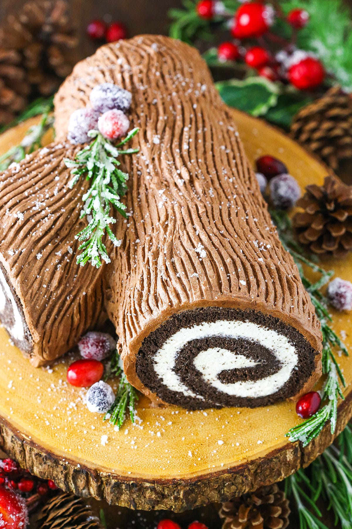 Christmas Log Cake with Holly Sprigs