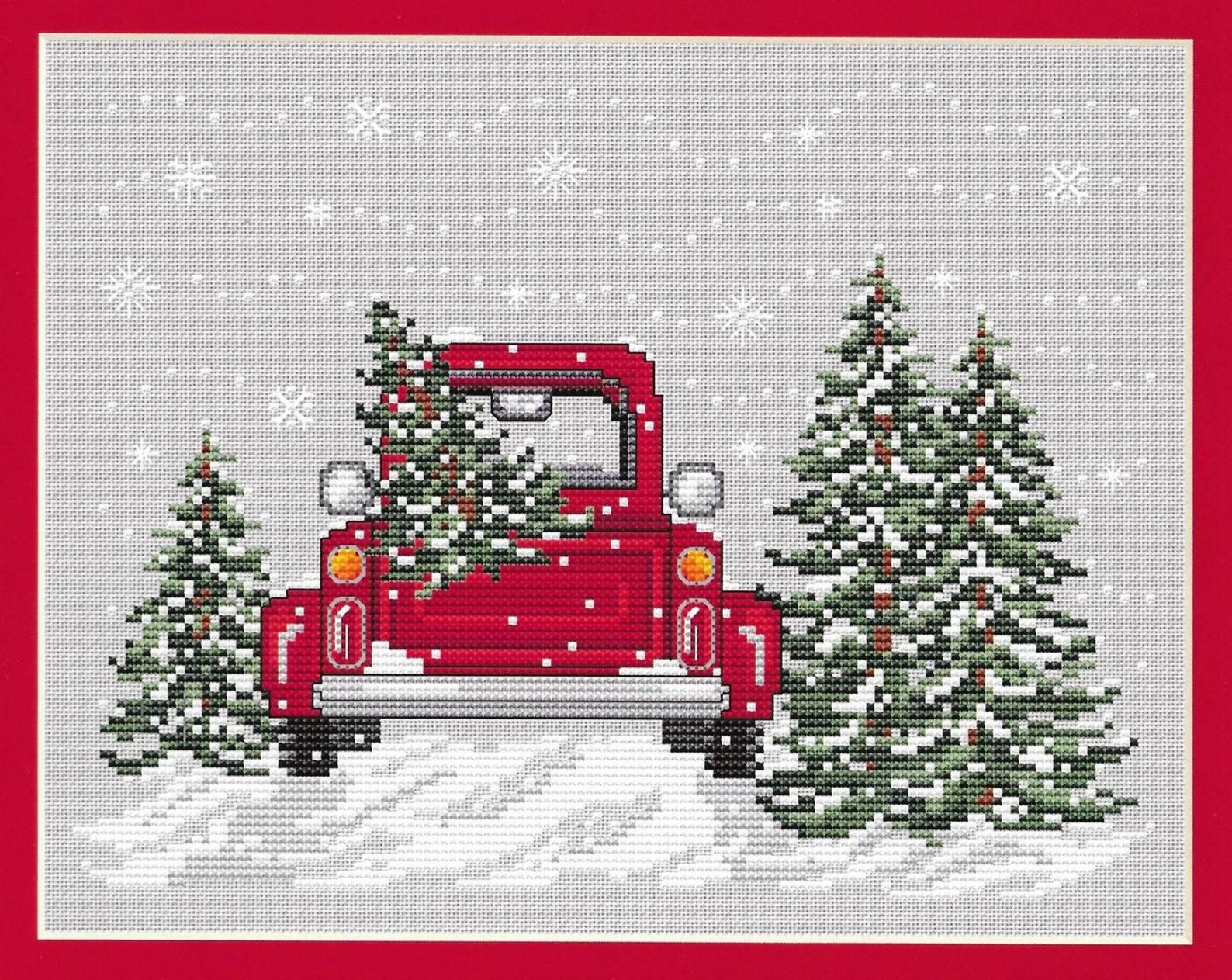 Christmas Red Truck Cross Stitch Pattern with Snow