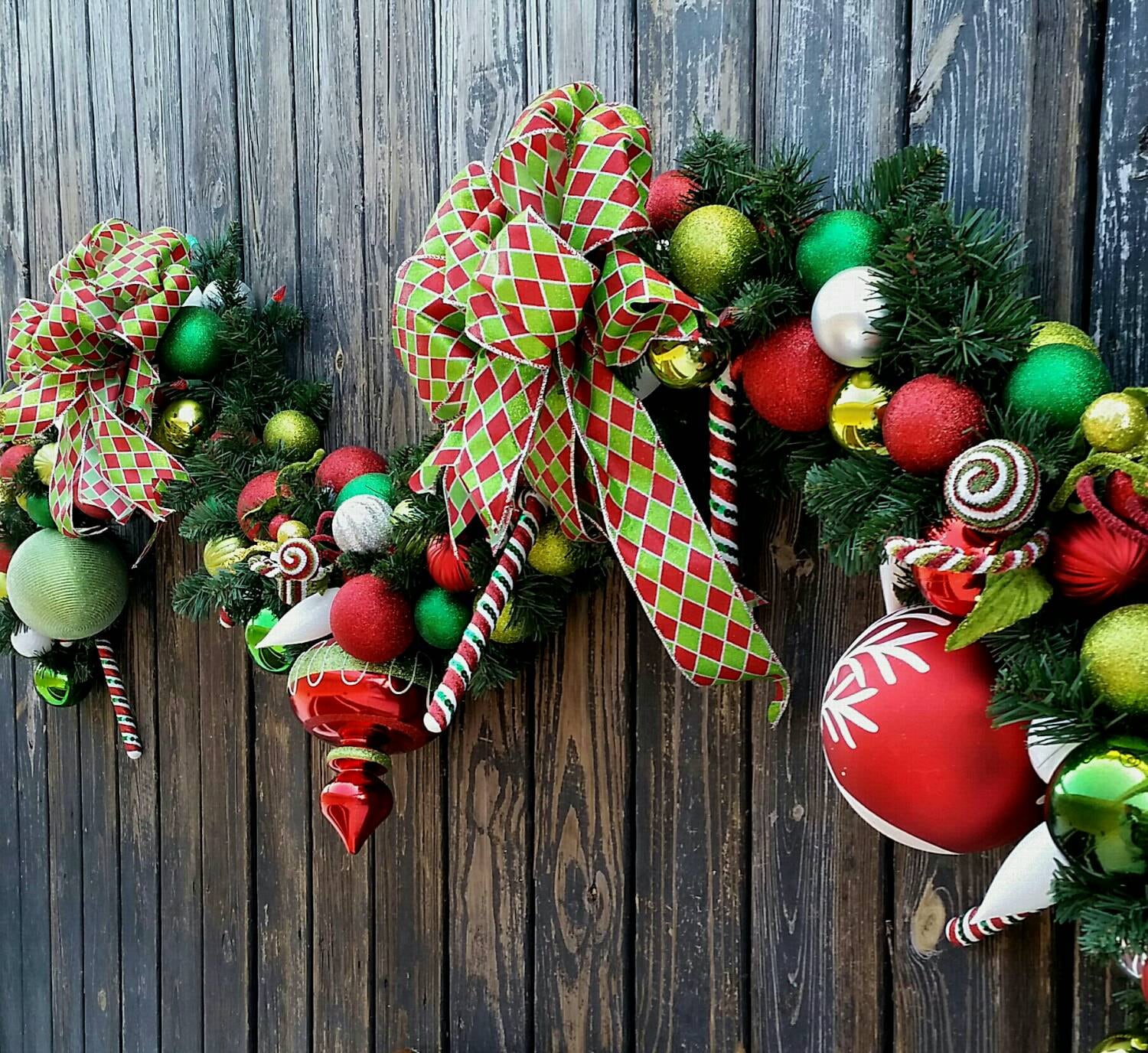 Ribbon garland and ornaments on a Christmas tree