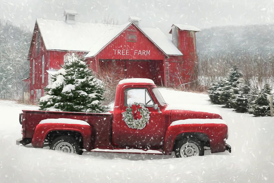 Mixed Media Red Truck Christmas Tree Scene