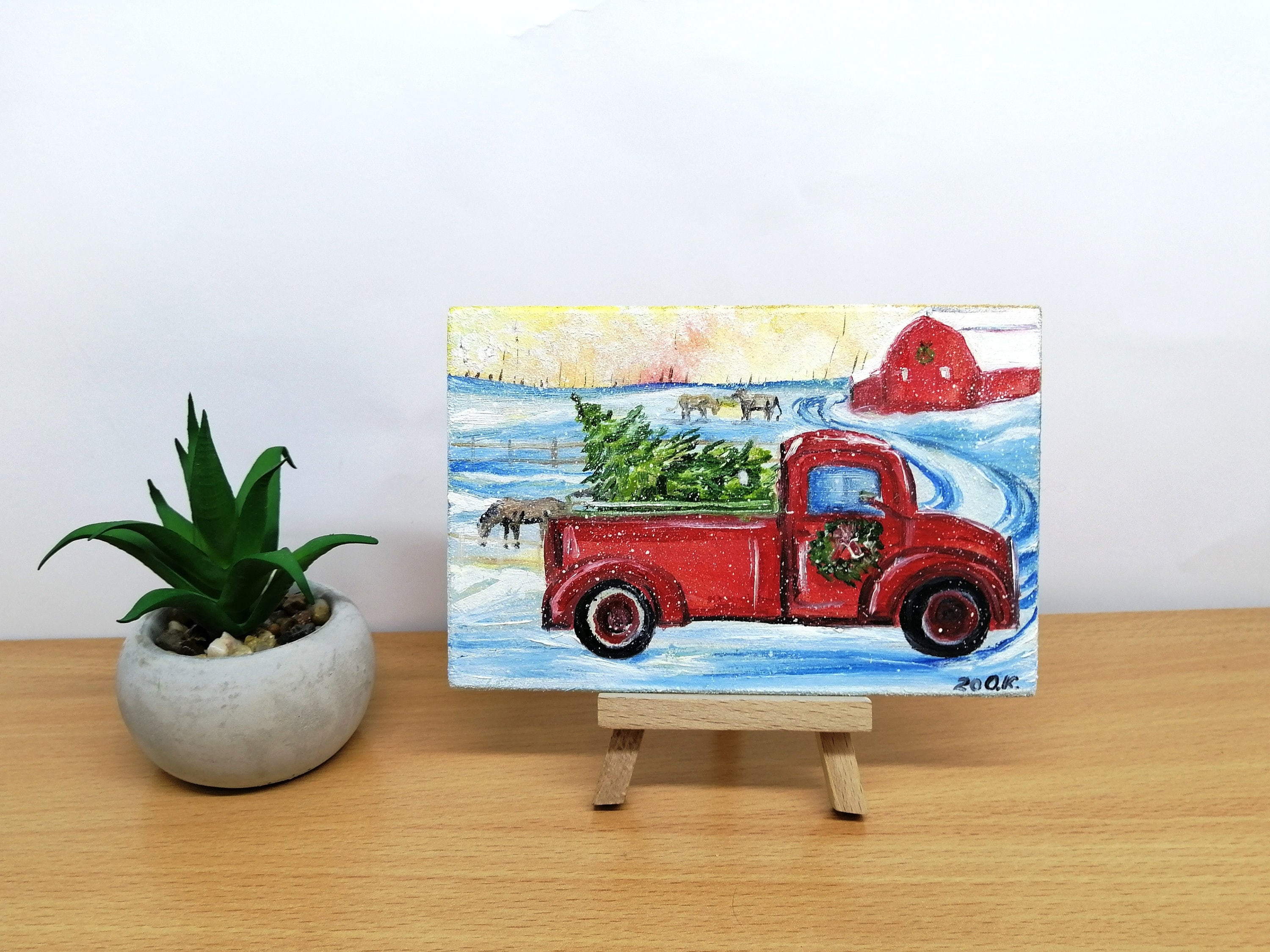 Oil Painting Red Truck Christmas Tree Scene