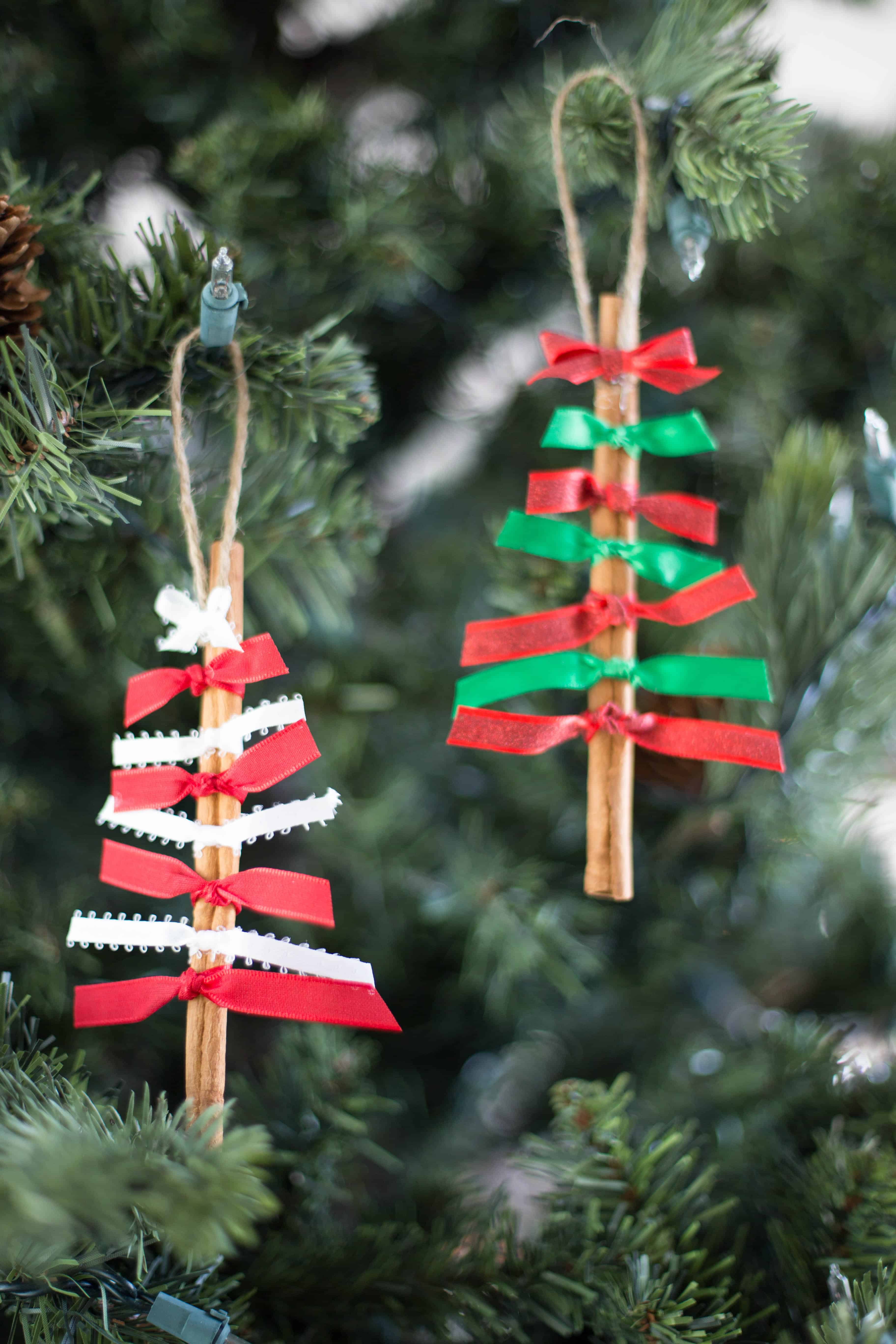 Ribbon-wrapped stick tree ornament