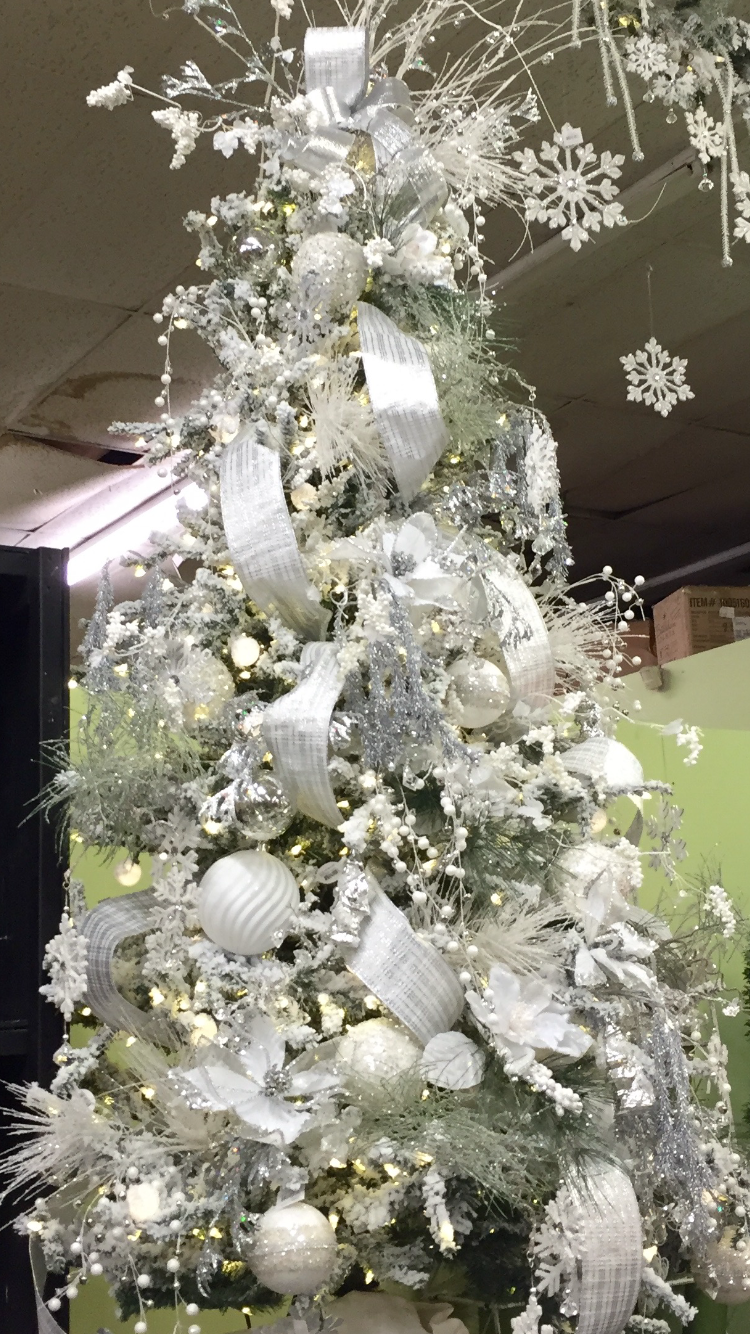 Silver ribbon white Christmas tree