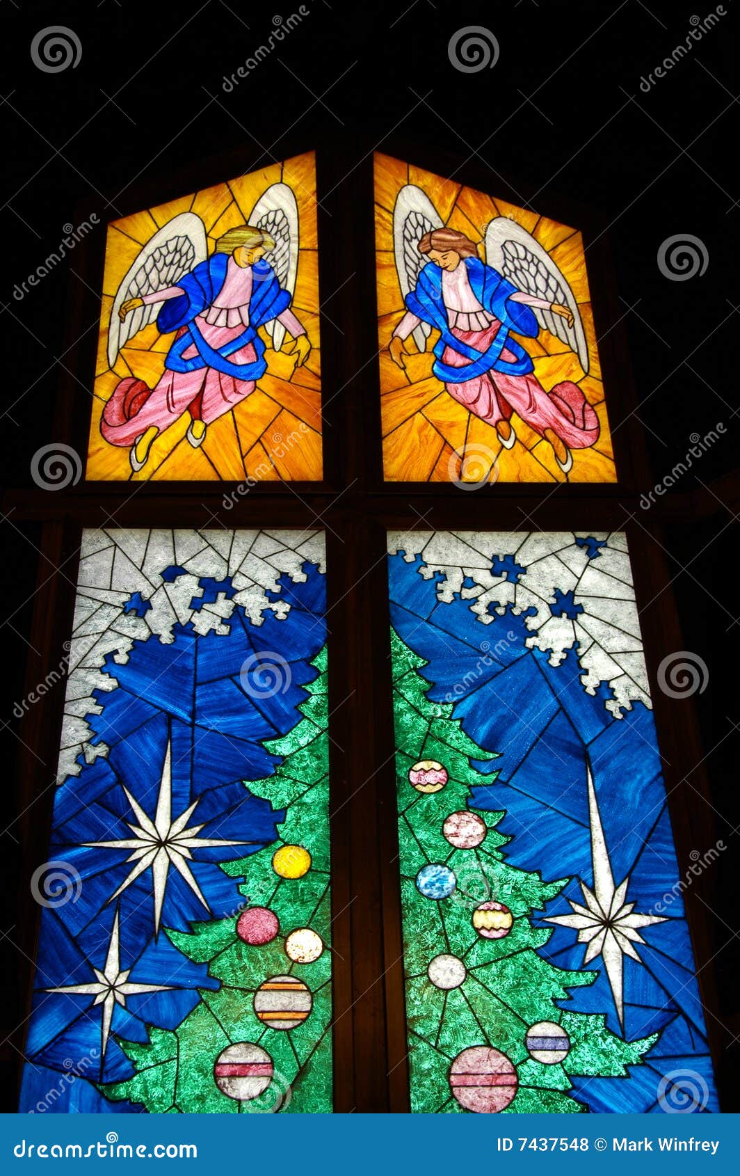 Stained glass Christmas tree with angels